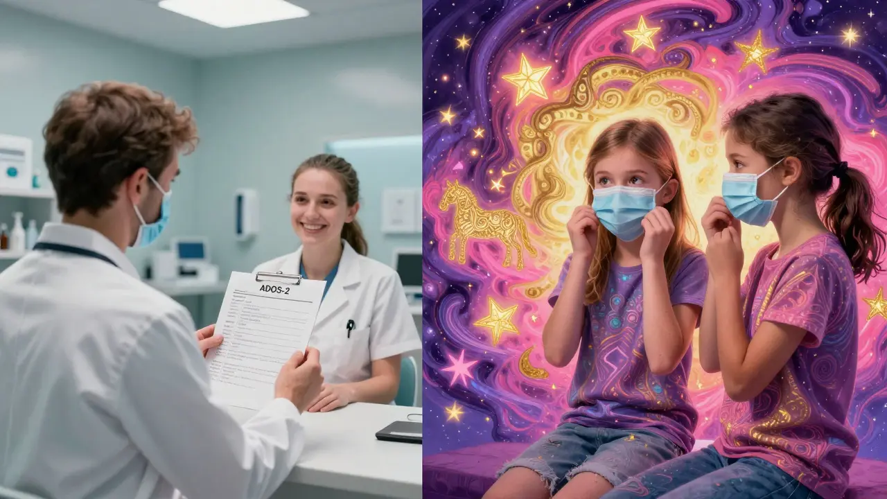 Rozdělený scénář: klinická diagnóza na jedné straně, autentické já na druhé — v Peter Max stylu s kozmickými barvami.