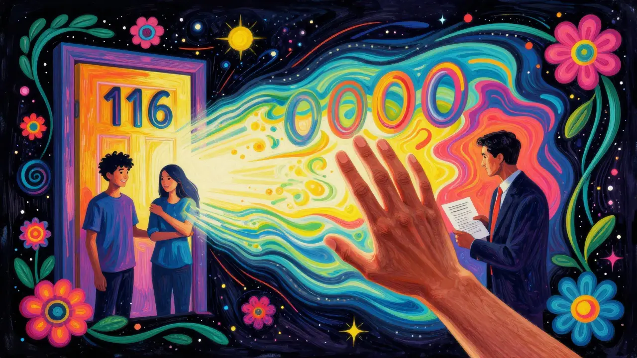 Ruka se táhne k zářivému dveřím s nápisem 116 000, skrz něž proudí světlo a pomoc.