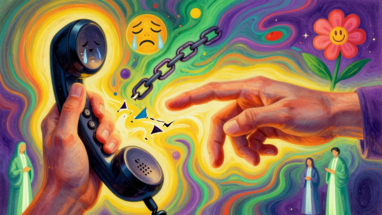 Ruka tlačí na telefon s číslem 116 123, z něj vyrůstají barvité emoce a květina jako symbol naděje.