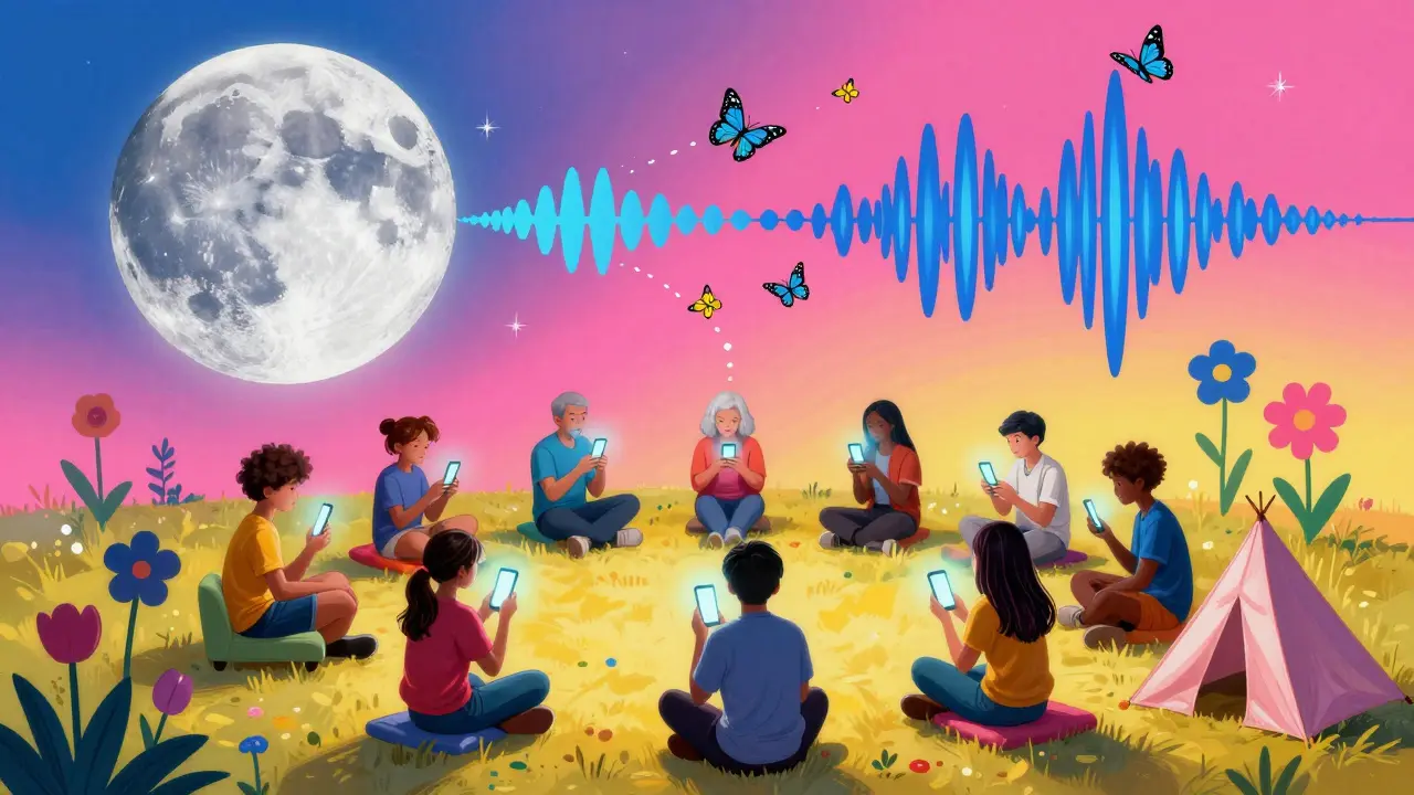 Různí lidé poslouchají pod měsícem ve tvaru ucha, z něhož vyrůstají motýli a květy.