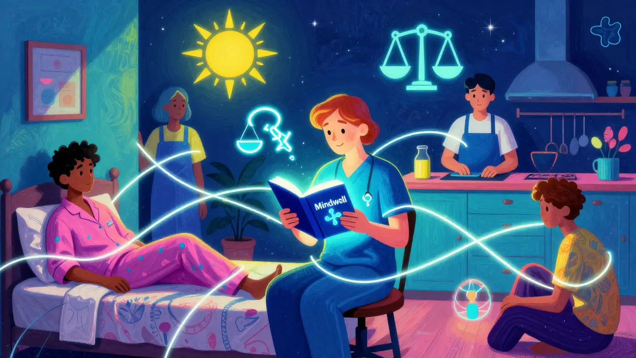 Různí lidé v různých prostředích jsou propojeni světelnými nitkami s terapeutem, který drží knihu s názvem 'Mindwell'.