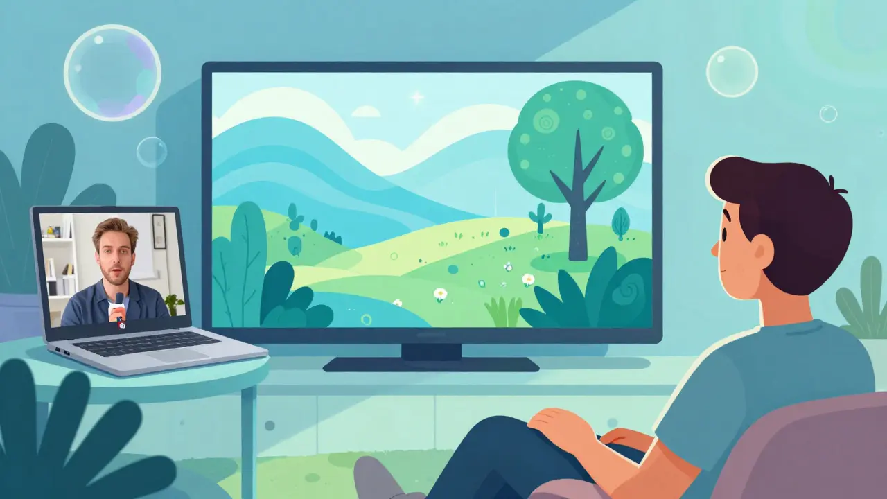 Senzorická Snoezelen terapie online s klidnými barvami a abstraktními přírodními prvky