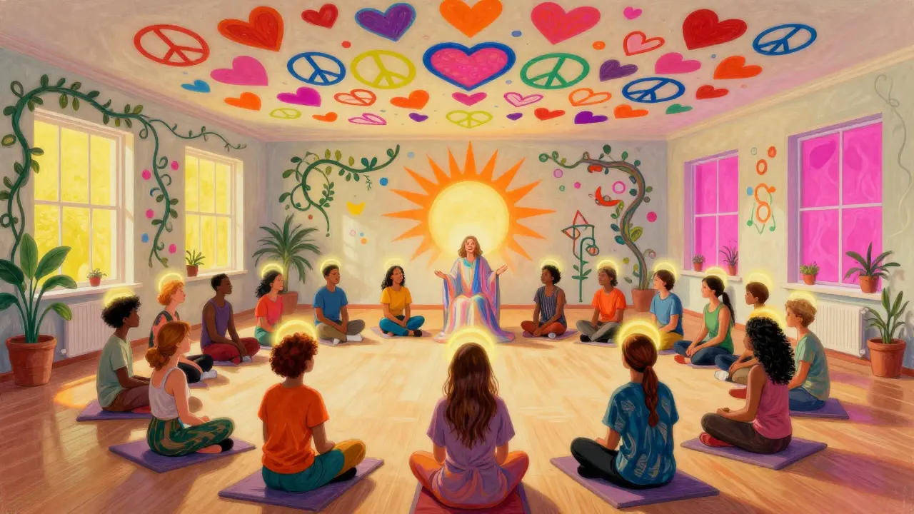 Skupina lidí v terapeutickém prostředí, obklopená radostnými symboly a světlem, symbolizujícími léčbu a podporu.