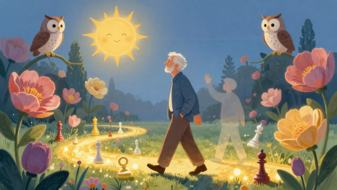 Starý muž kráčí klidným parkem, kde plavou šachy, květiny a zlaté cesty, symbolizující duševní klid.