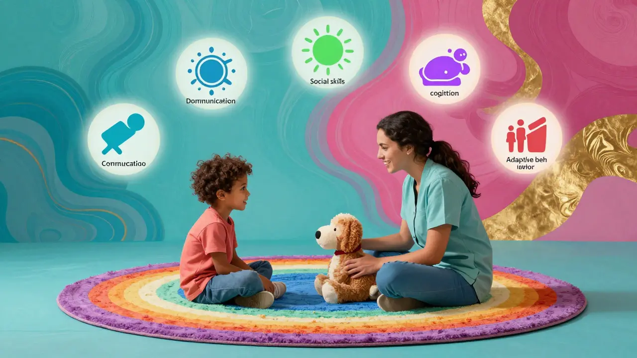 Terapeut a dítě hrají na koberci, kolem nich plavou ikony vývojových dovedností.