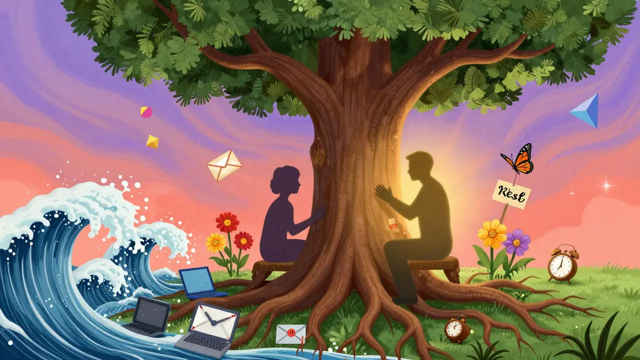 Terapeut a pacient pod stromem, který drží zpět pracovní chaotické vlny, květiny vyrůstají z e-mailů.