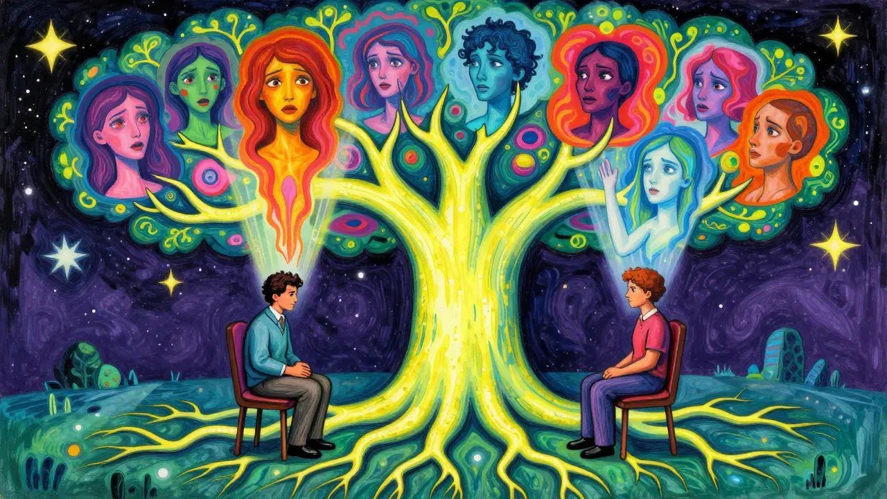 Terapeut a pacient pod stromem s kořeny jako nervové cesty, kde se sny přeměňují z hrůzy v klid.