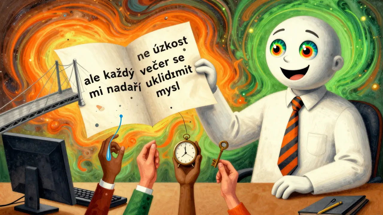 Terapeut drží e-mail, který se mění v most, zatímco různé emoce přicházejí z podlahy.