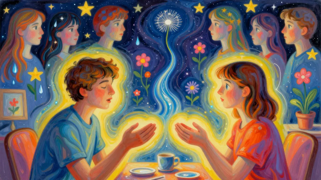 Tichý moment naslouchání, kde vnitřní růst přeměňuje bolest v květy.