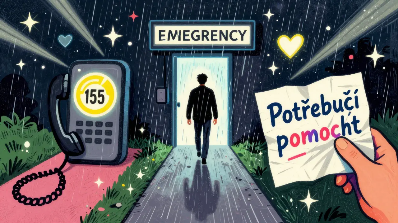 Tři cesty vedoucí k dveřím psychiatrické pohotovosti s symboly telefonu, chůze a slova 'Potřebuji pomoct'.