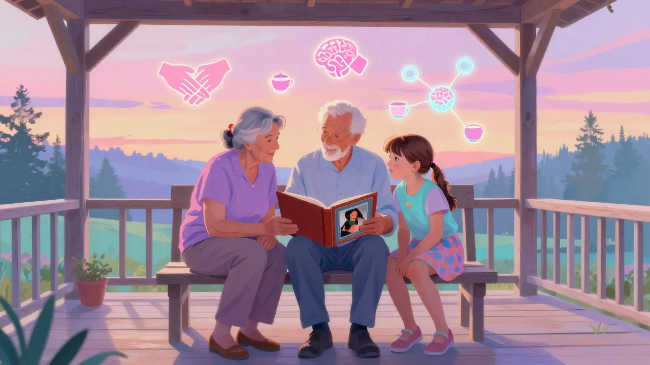 Tři generace sedí na verandě, sdílejí fotky a teplé chvíle v pastelových barvách a symbolických obrazcích.