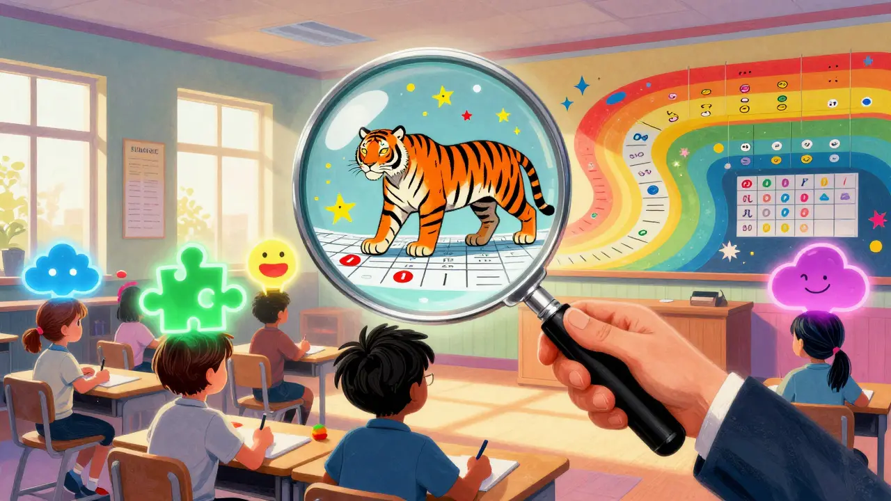 Učitelka prozkoumává mysl dítěte skrz magnézovou čočku plnou vizuálních nápověd a hvězdiček.