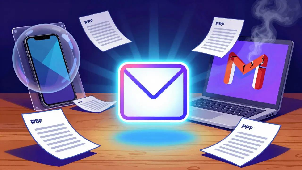 Zabezpečený e-mailový systém v centru s odstraňovanými nebezpečnými nástroji v pozadí, v psychedeliczním stylu.