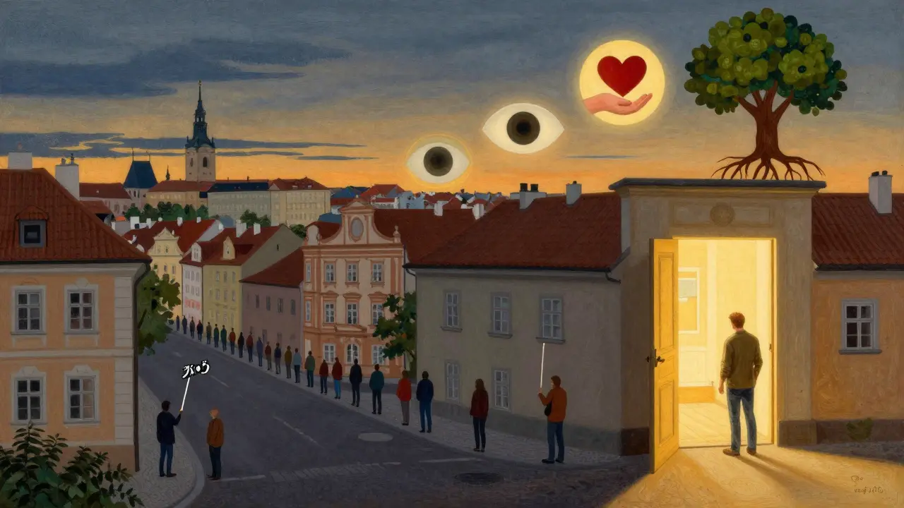 České město, kde lidé ustupují domů, ale jedna dveře zůstává otevřená a září.