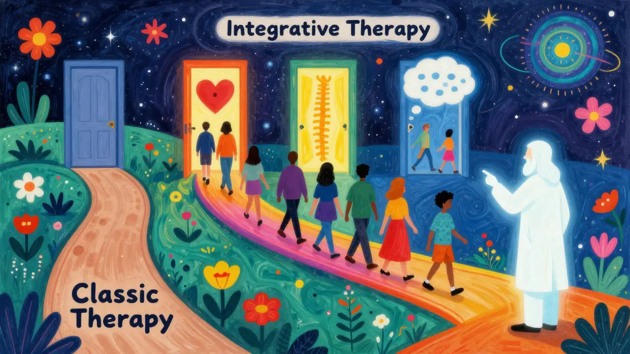 Cesta s třemi otevřenými dveřmi symbolizujícími tělo, myšlenky a emoce, vedená terapeutem v kresleném, kozmickém prostředí.