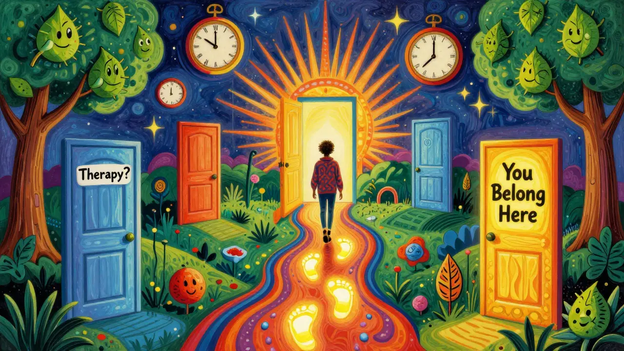 Cesta skrz surrealní krajinku s dveřmi a emoce, symbolizující volbu a vlastní cestu k sobě.