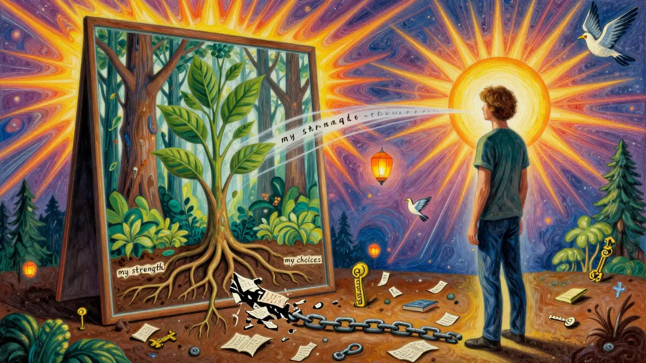 Člověk před zrcadlem, které odrazuje květoucí les místo jeho obličeje, symbolizující vznik nové identity.