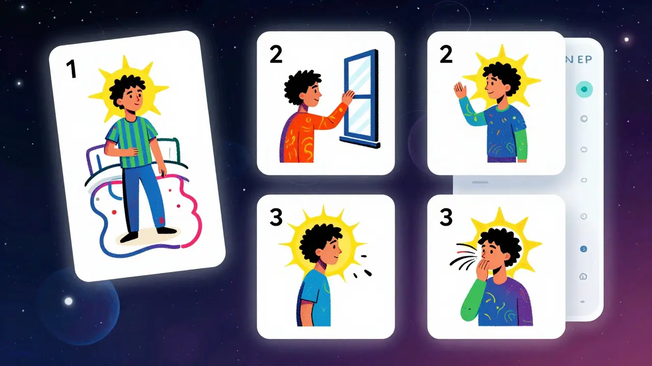 Člověk s ADHD sleduje barevné kroky ve vzduchu: vstání, otevření okna, hluboký dech.