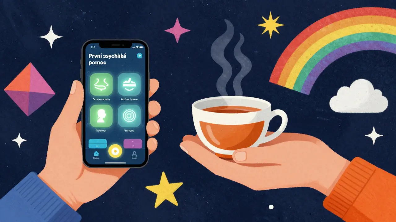 Člověk se dívá na aplikaci pro mentální první pomoc, zároveň mu někdo nabízí čaj.