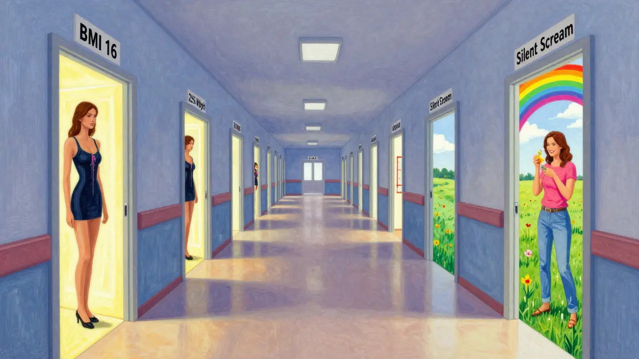 Délkový koridor nemocnice s dveřmi symbolizujícími kritická kritéria anorexie a jednou dveřmi vedoucími k volnosti a naději.