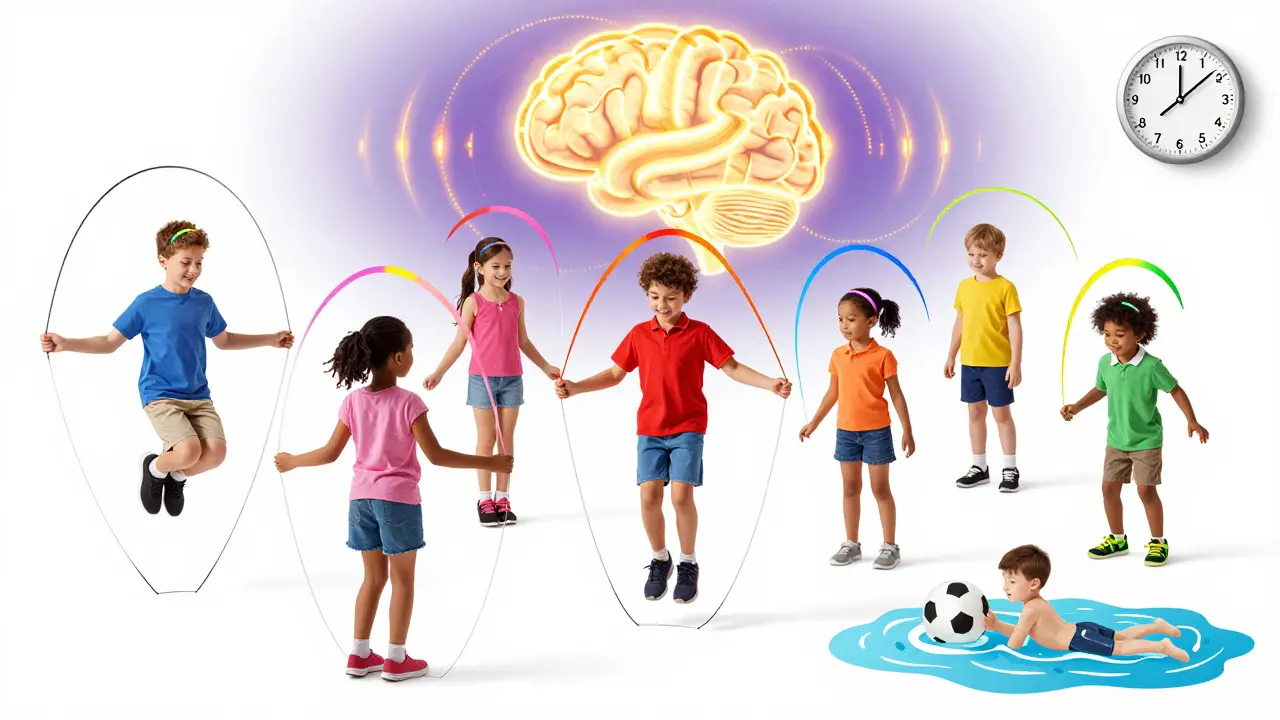 Děti cvičí různými aktivitami, kolem nich proudí světelné proužky symbolizující soustředění.