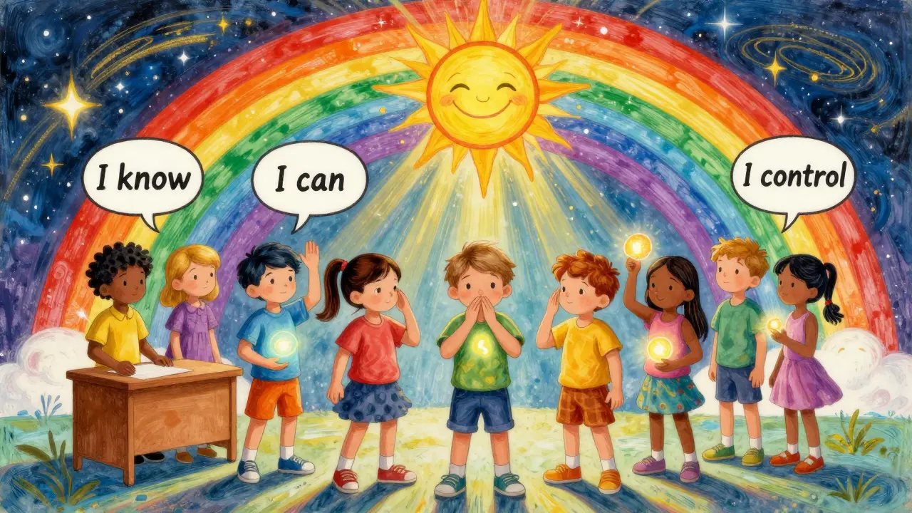 Děti v kruhu drží symboly svých protipohybů pod radostnou duhou.