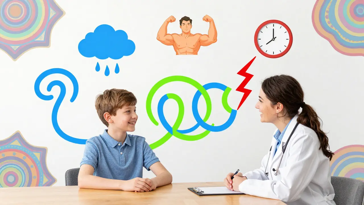 Dítě a terapeut společně vymýšlejí protipohyb, který blokuje tik.