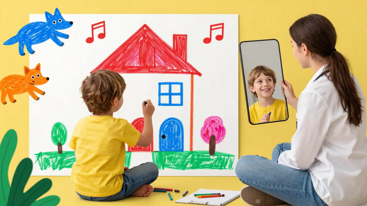 Dítě kreslí dům s dvěma dveřmi, terapeut sedí vedle s obrazem, který odrazuje jeho skutečného sebe.