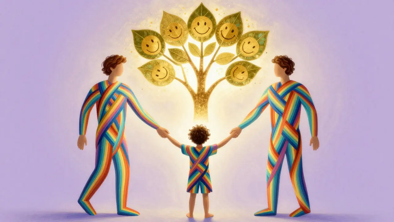 Dvě rodiče drží dítě za ruce, jejich těla jsou z duhových stužek, za nimi roste strom s dvěma kmeny a jednou korunou.