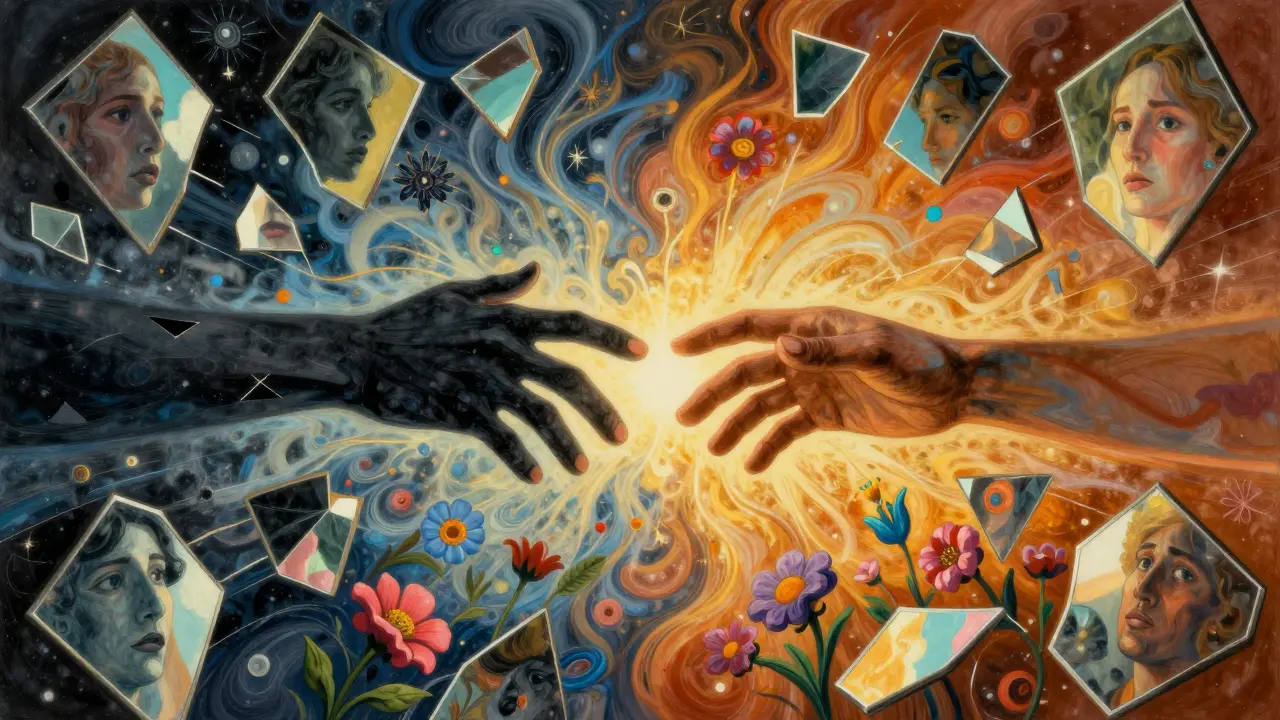 Dvě ruce se spojují přes rozbité zrcadla, zářící barvami Petera Maxe, symbolizující vztahovou změnu.