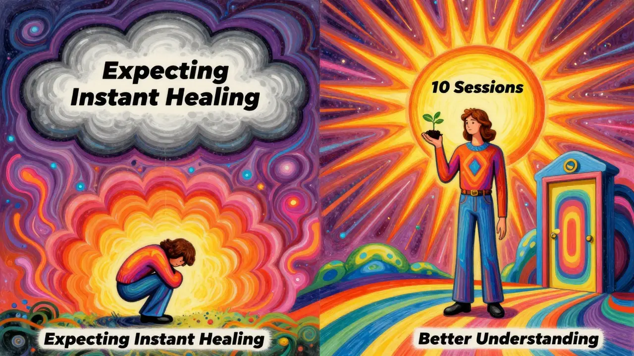 Dvě scény: jedna s těžkým mrakem, druhá s květou a cestou k pochopení, v živých psychedelických barvách.