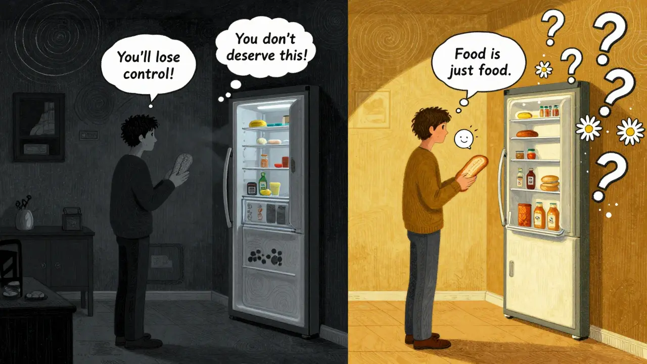 Dvě verze stejné scény: jedna temná s negativními myšlenkami, druhá světlá s klidnou přijatelností jídla.