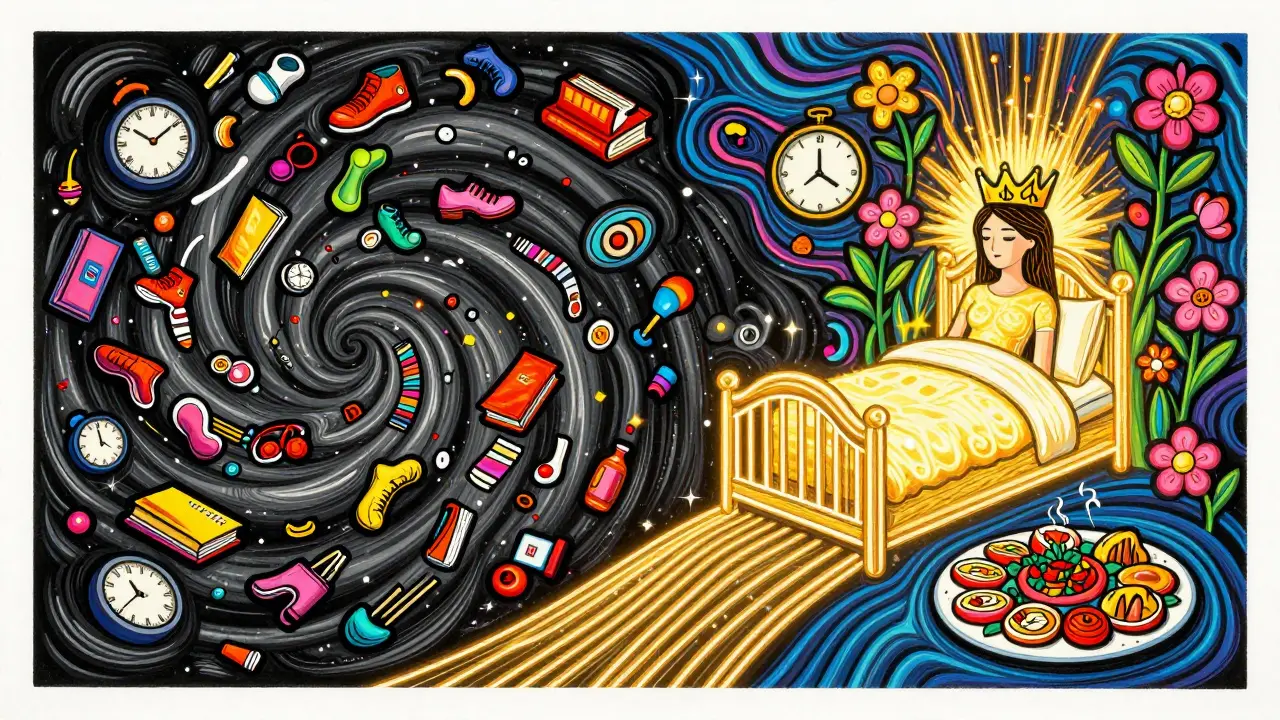 Kontrast chaosu a struktury: bouřlivý chaos vs. klidná, zlatá cesta ke spánku.