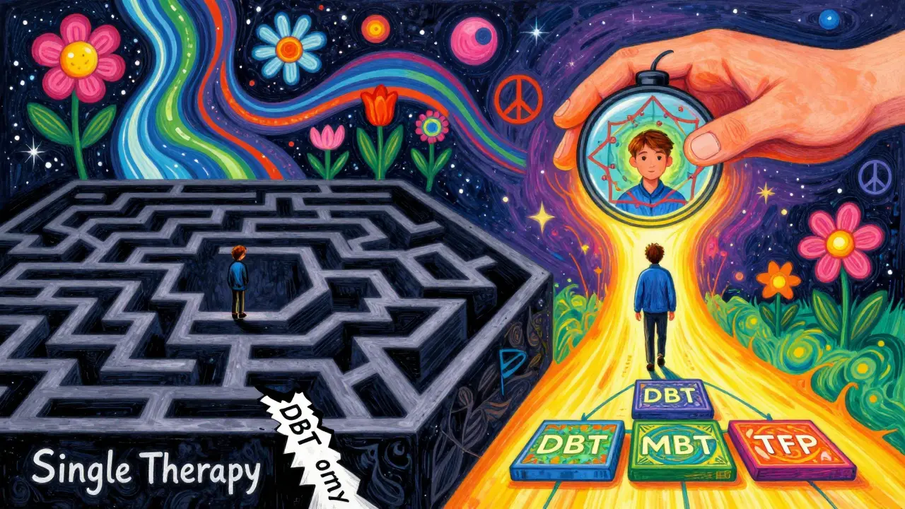 Kontrast mezi izolací jednoduchou terapií a volností integrované terapie, s radující cestou a kaleidoskopem transformace.