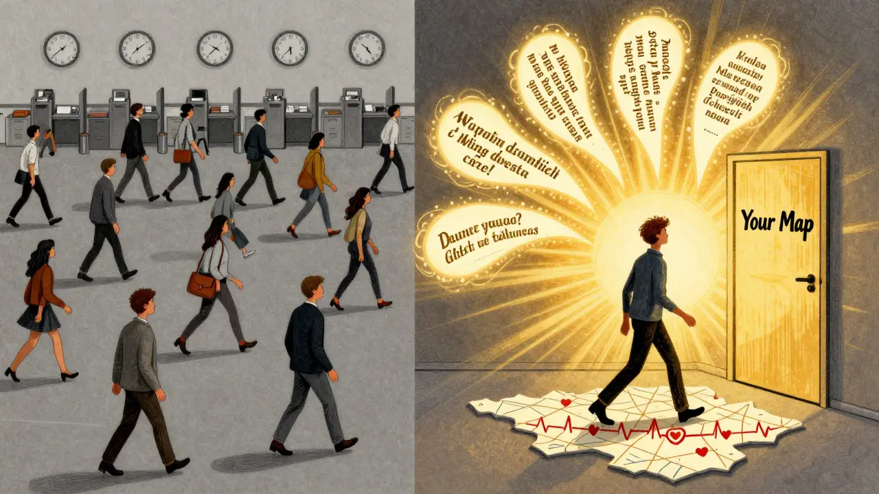 Levá strana ukazuje nekonečný cyklus terapií, pravá strana osobu jdoucí k mapě svých potřeb, v jasném kontrastu.