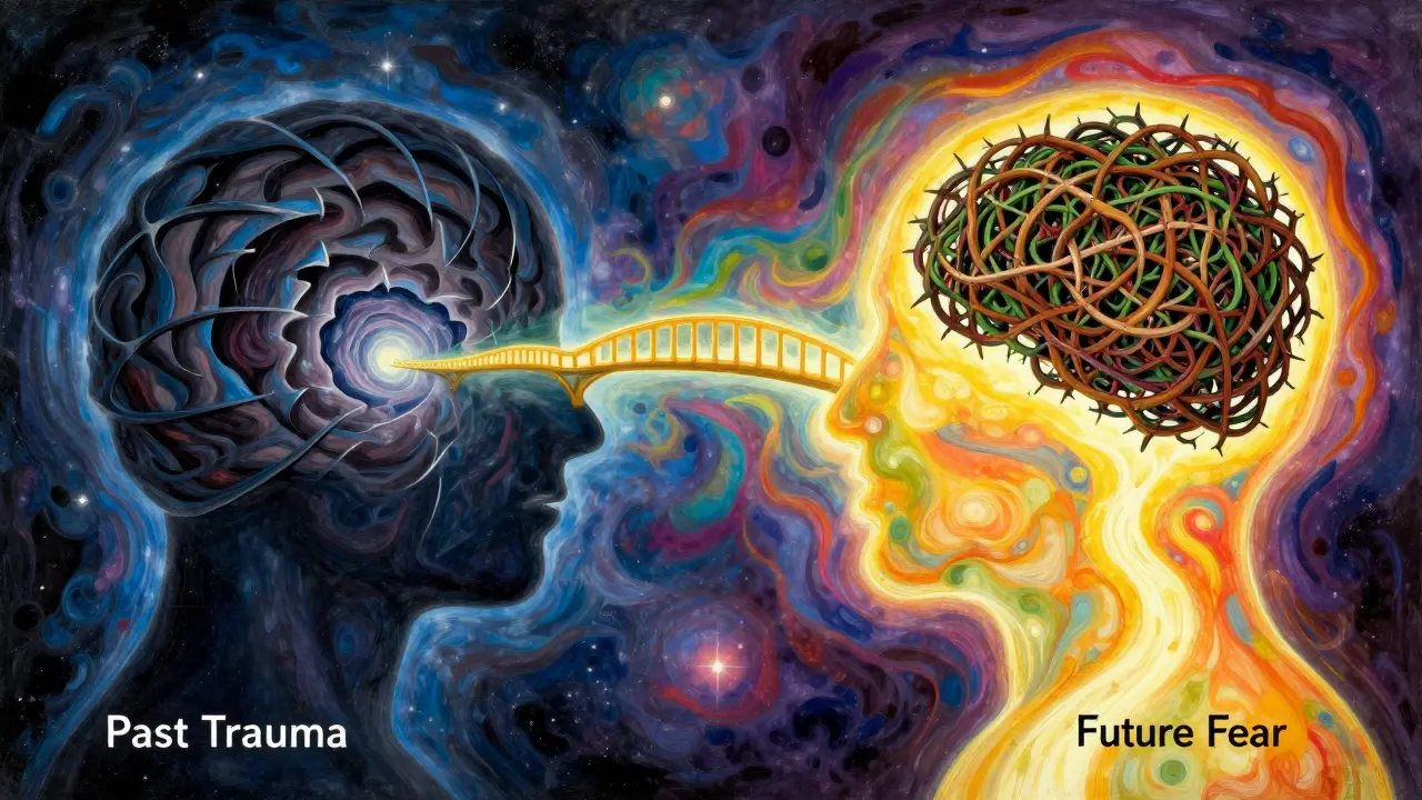 Mozek jako vesmírný kraj: minulost uzavřena, budoucnost se mění z trnů na zlatý most.