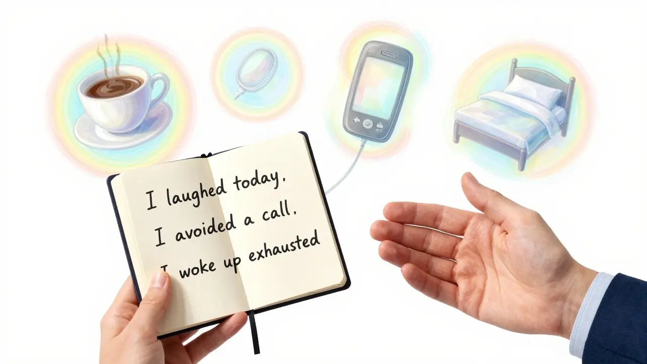 Osoba drží poznámky o svém týdnu, kolem nich plavou ikony denních událostí v radouhových tónech.