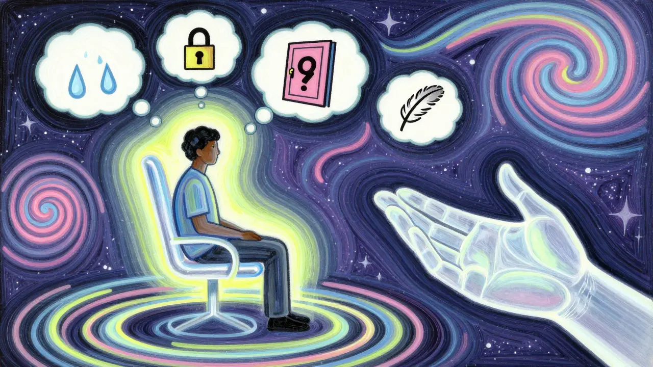 Osoba sedí v klidu, kolem ní plavou emoce jako myšlenkové bubliny — ticho je součástí léčby.