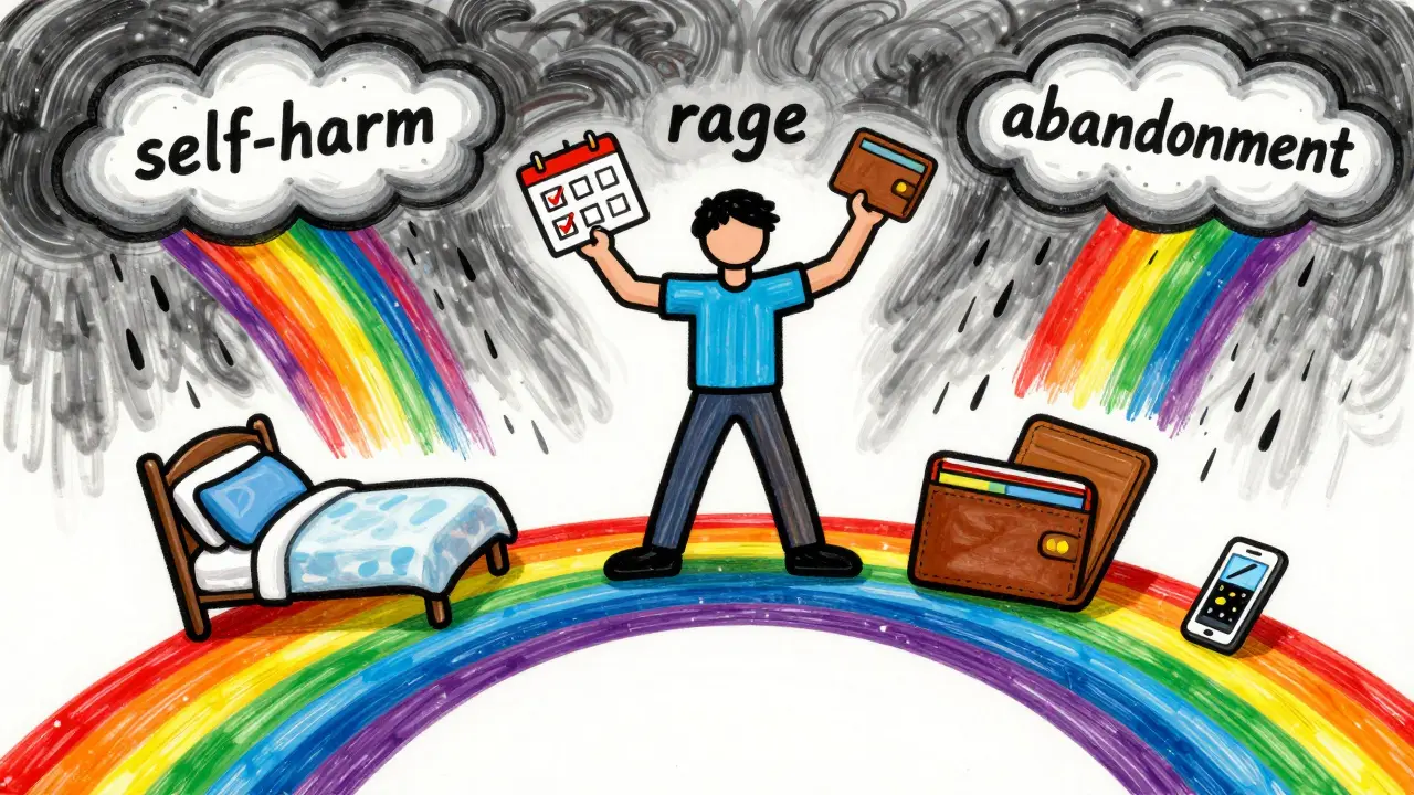 Osoba stojí na mostě denních rutin, zatímco chaos se mění v duhu, v stylu Petera Maxe.