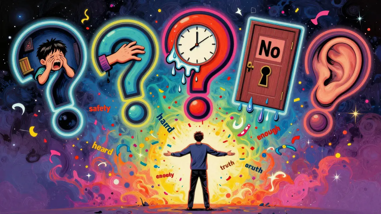 Pět velkých otazníků nad hlavou obsahuje scény z vztahů, dětství a vnitřních hledání, v Peter Max stylu.