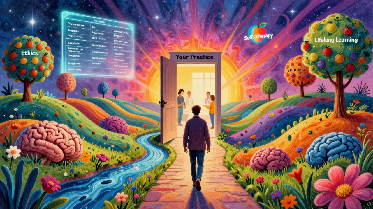 Psychoterapeut jdoucí cestou přes českou krajinu s hlavami, knihami a otevřenou dveřmi praxe.