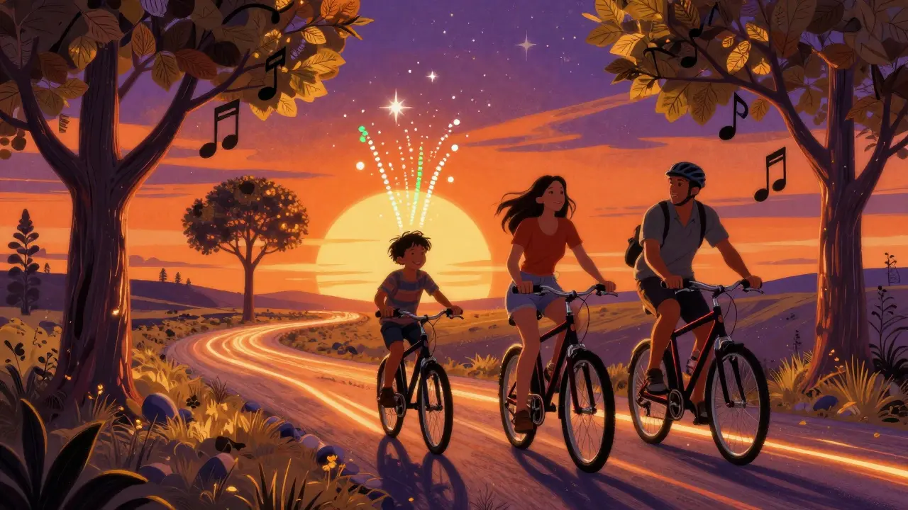 Rodina jede na kole na západu slunce, kolem nich se vznášejí biofeedback světelné vlny.