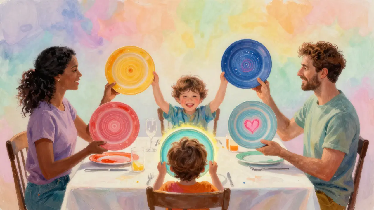 Rodina sdílí večeři, každý drží barevnou mísu, symbolizující rovné rozdělení odpovědnosti.