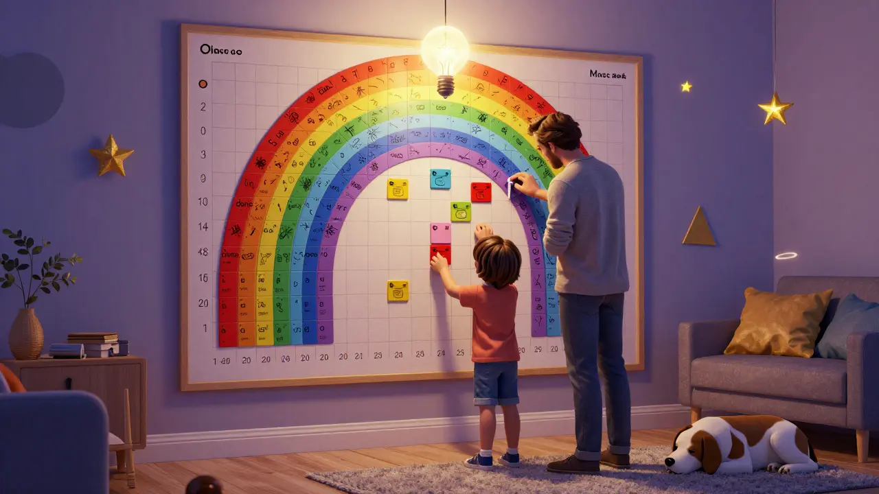 Rodina společně přesouvá magnetky na vizuálním plánu ve večerní atmosféře.