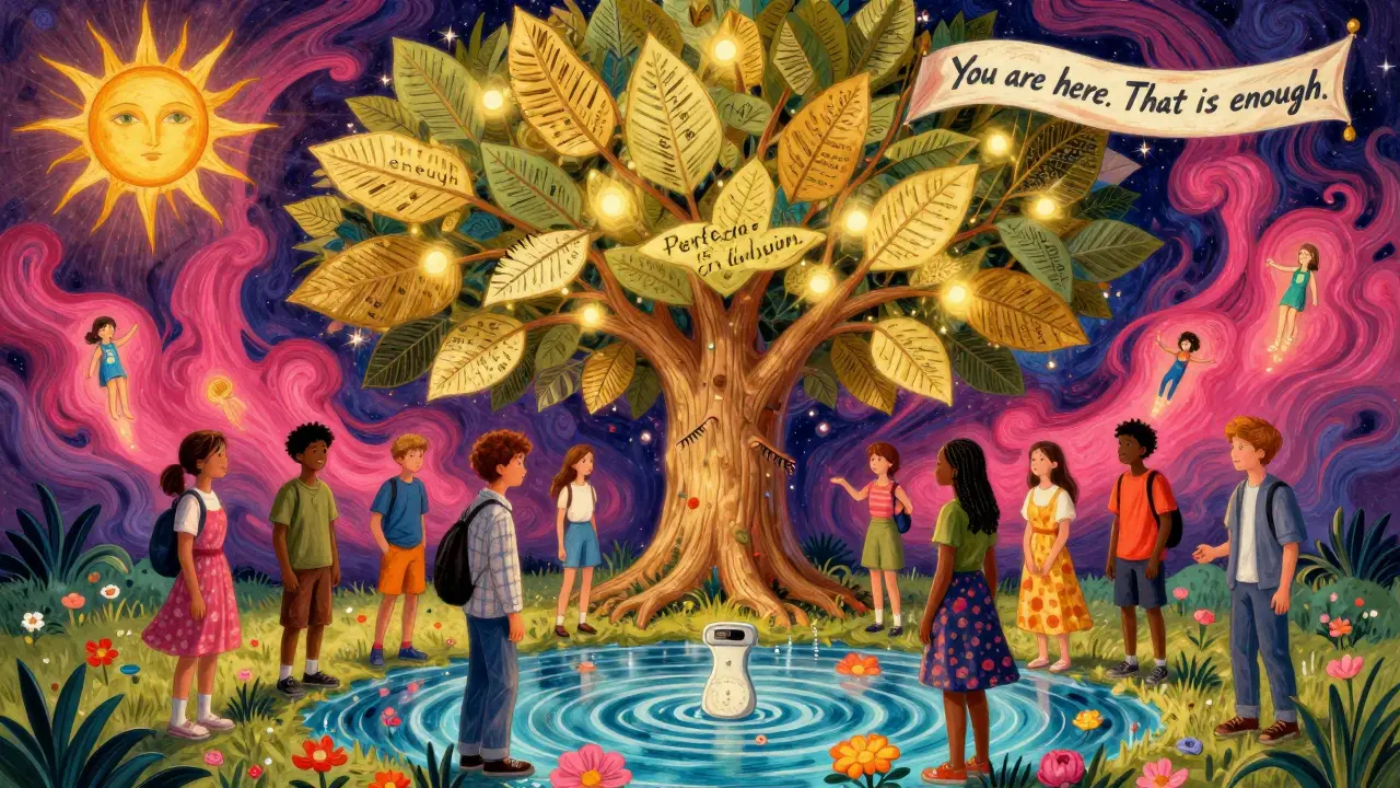 Skupina lidí stojí pod stromem s hesly o hodnotě, zatímco staré sebeobrazy se mění v květiny.