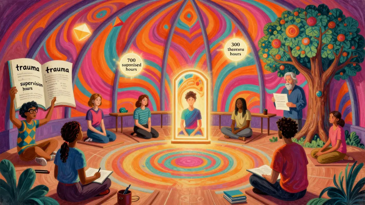 Skupina lidí v kroužku v škole s knihami, zrcadly a certifikáty v křehkém, barevném prostředí.