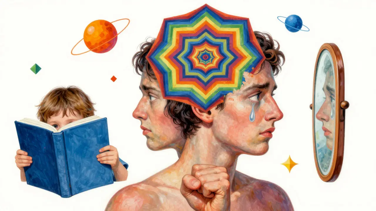 Surreální portrét člověka s třemi tvářemi, znázorňující tělo, myšlenky a minulost v Peter Max stylu.