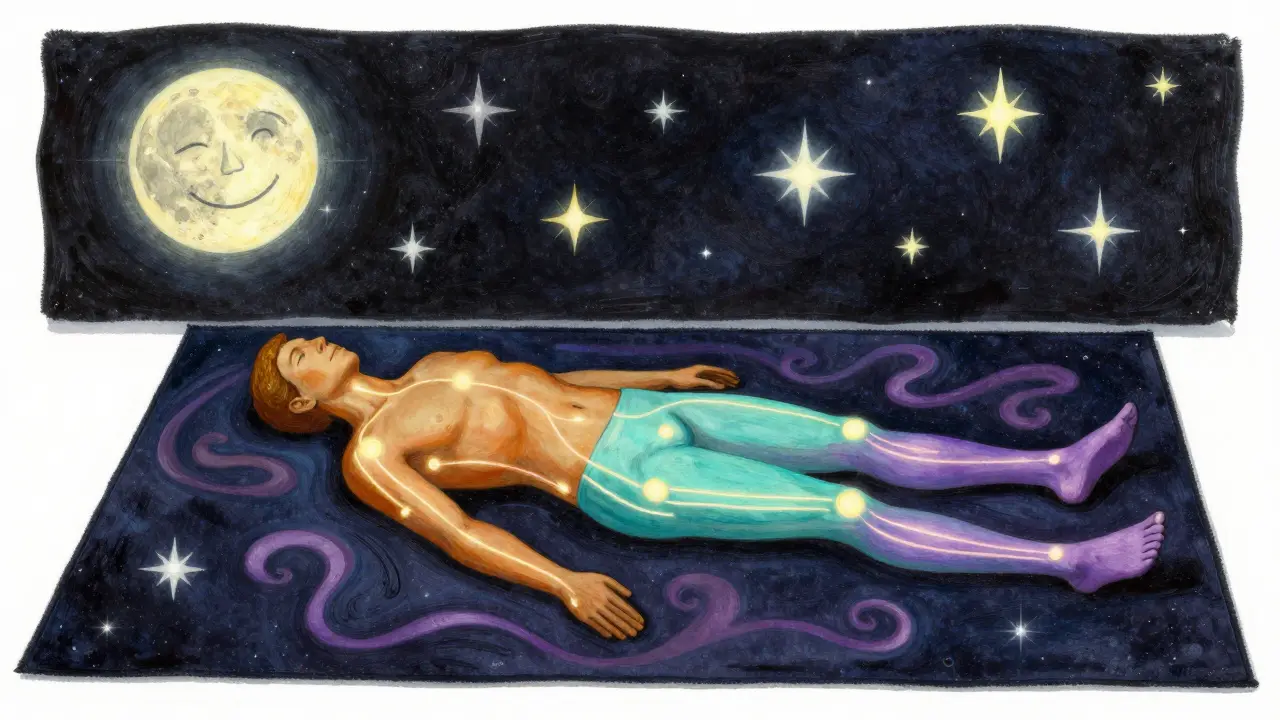 Tělo září světelnými cestami od prstů nohou až po temeno, symbolizující tělesné vědomí.