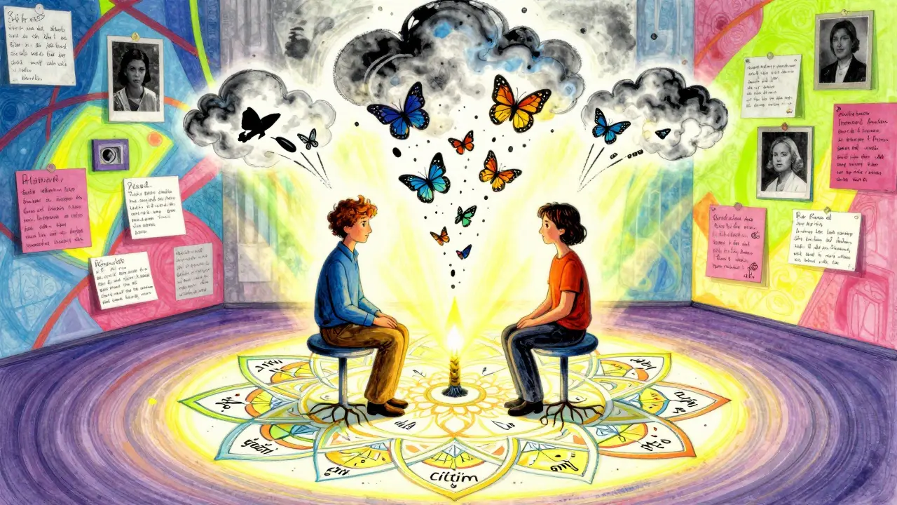 Terapeut a klient sedí v kruhu z geometrických tvarů a poutají se k sobě emoce, zatímco jejich minulost se mění v motýly.