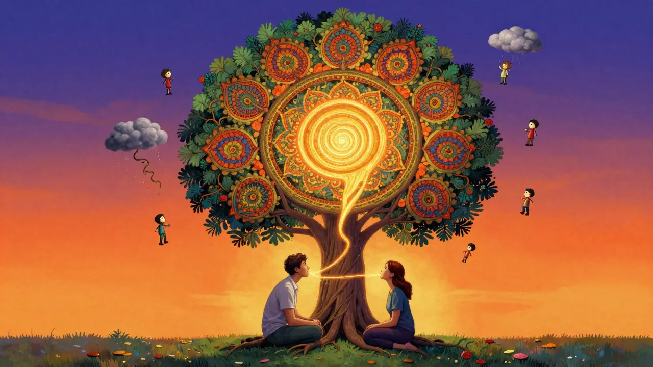 Terapeut a klient spolu pod kvetoucím stromem, jejich dech tvoří zlatou spirálu, myšlenky se vznášejí pryč.